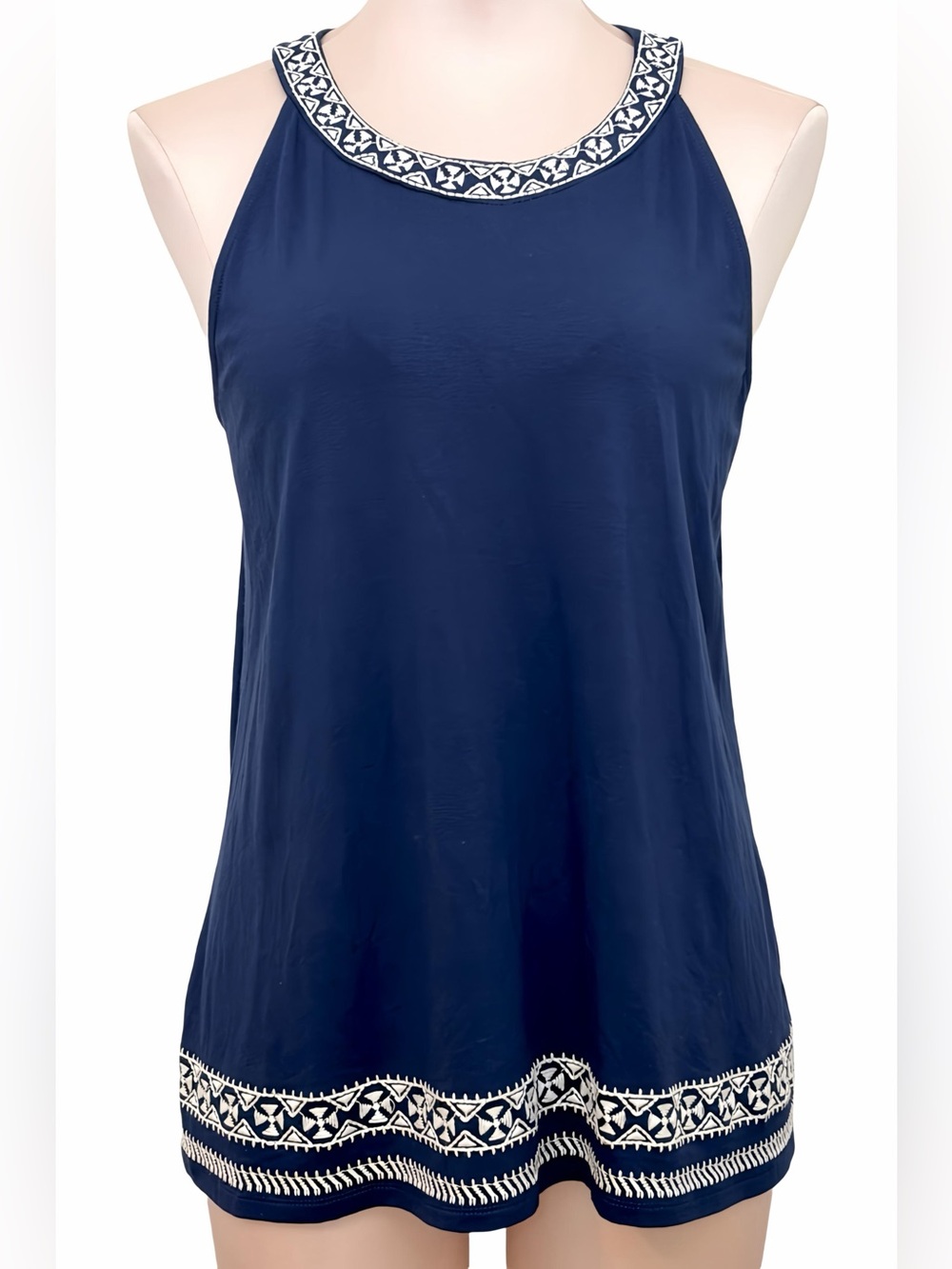 Adrianna Papell Navy Blue Embroidered Halter Tank Top Blouse Tunic L NWT